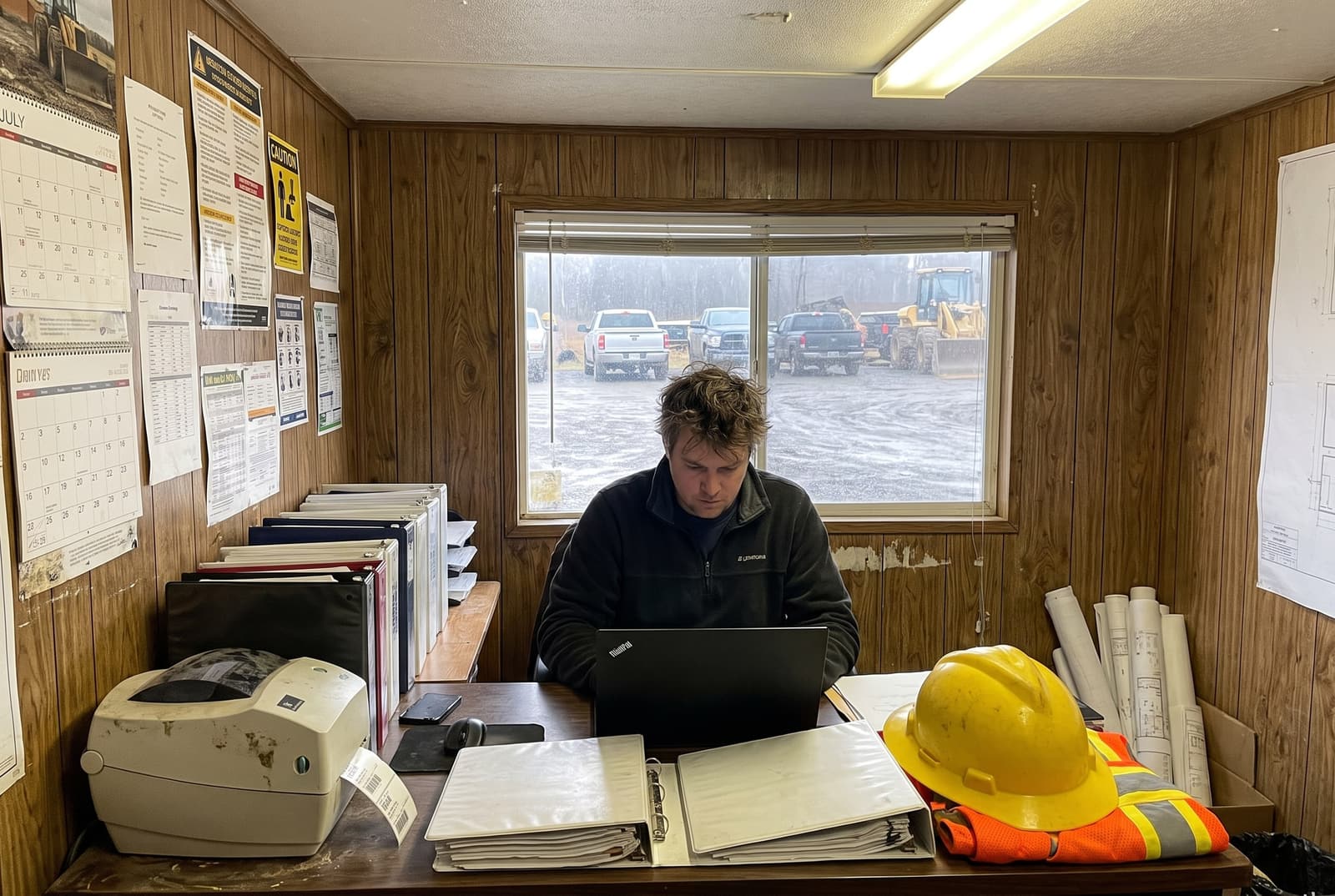 Compliance coordinator working through records in a field office trailer