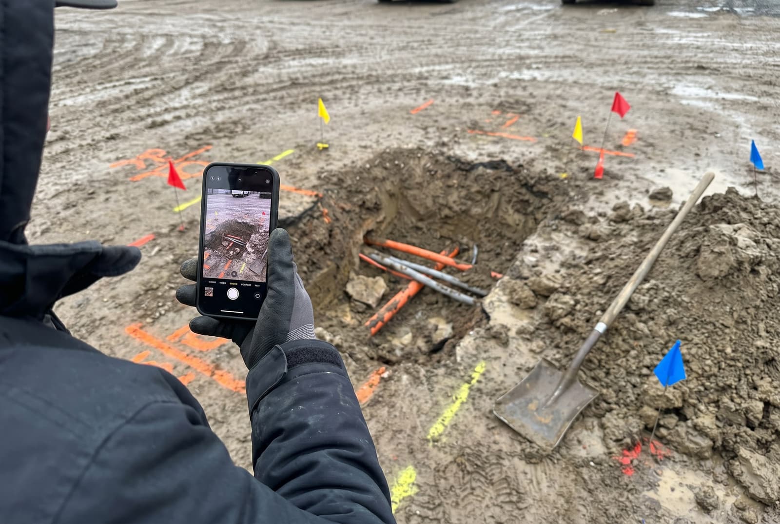 Crew member photographing an open excavation with locate marks for the field record
