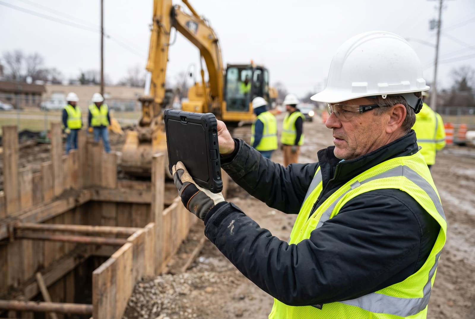 Field supervisor photographing a shored excavation with a rugged tablet