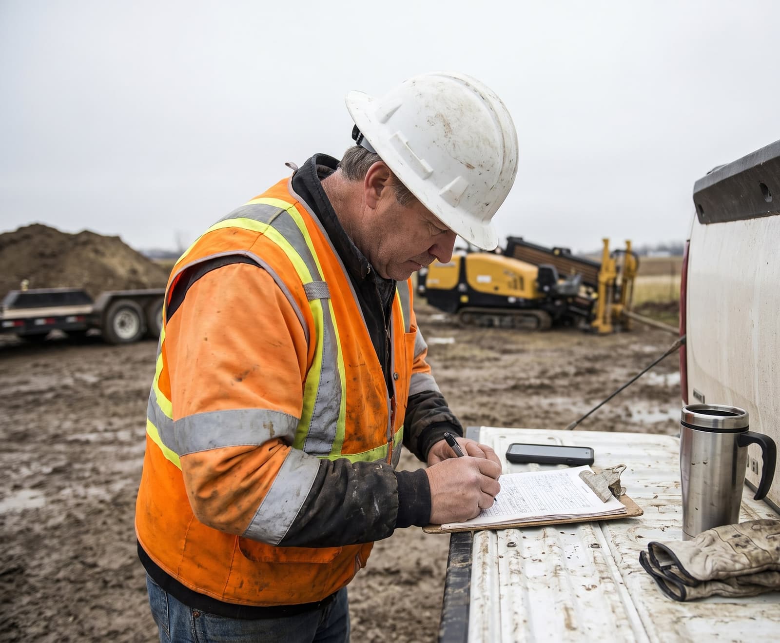 Foreman filling out a daily log on a pickup tailgate at a drilling job