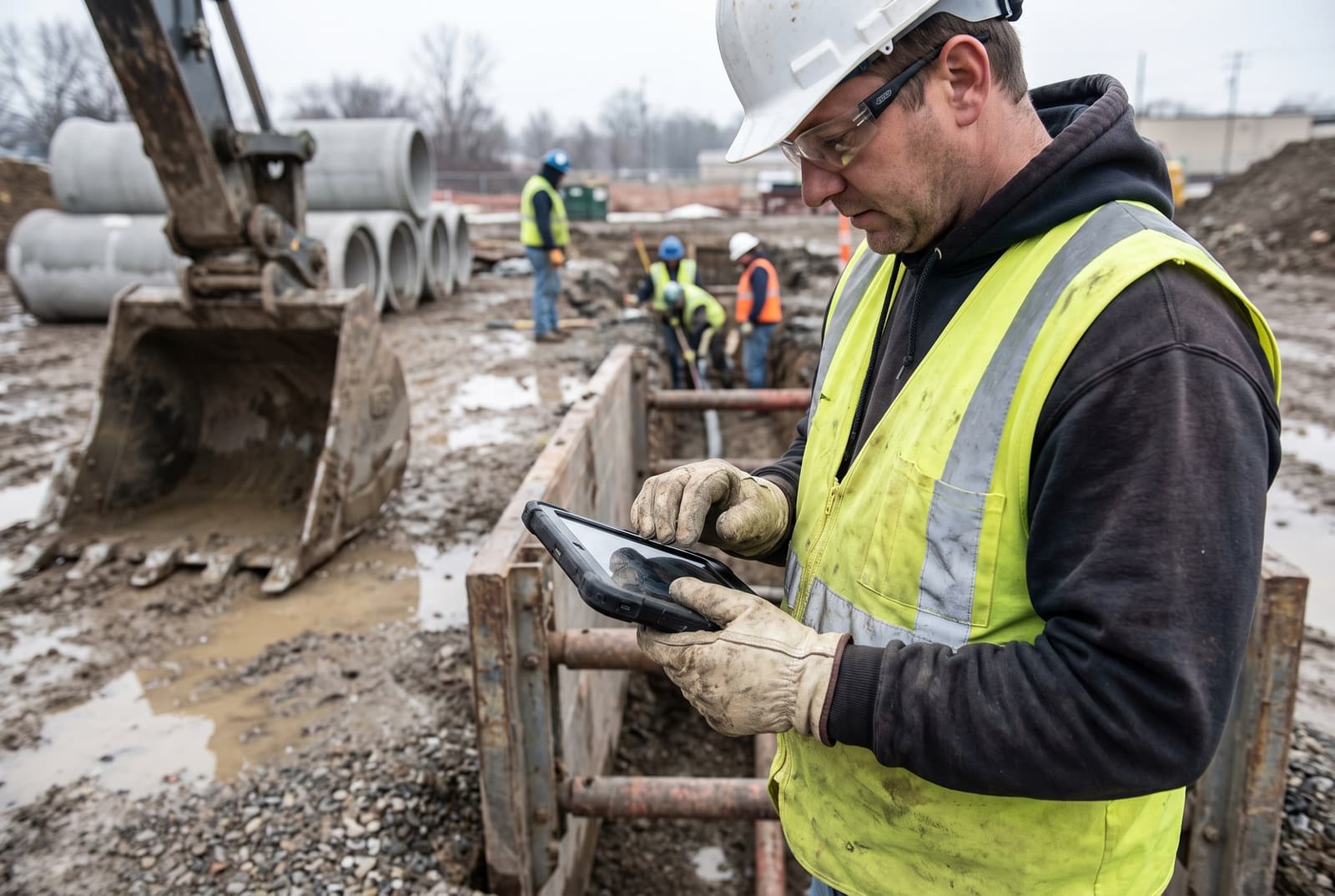 Safety supervisor recording a trench box inspection on a tablet